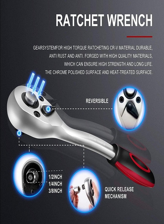 HELLARO 108 In 1 Tool Kit Ratchet Sets 1/2" 1/4" Socket Wrenches Set Screwdriver Mechanics Tools - Hex - Image 5